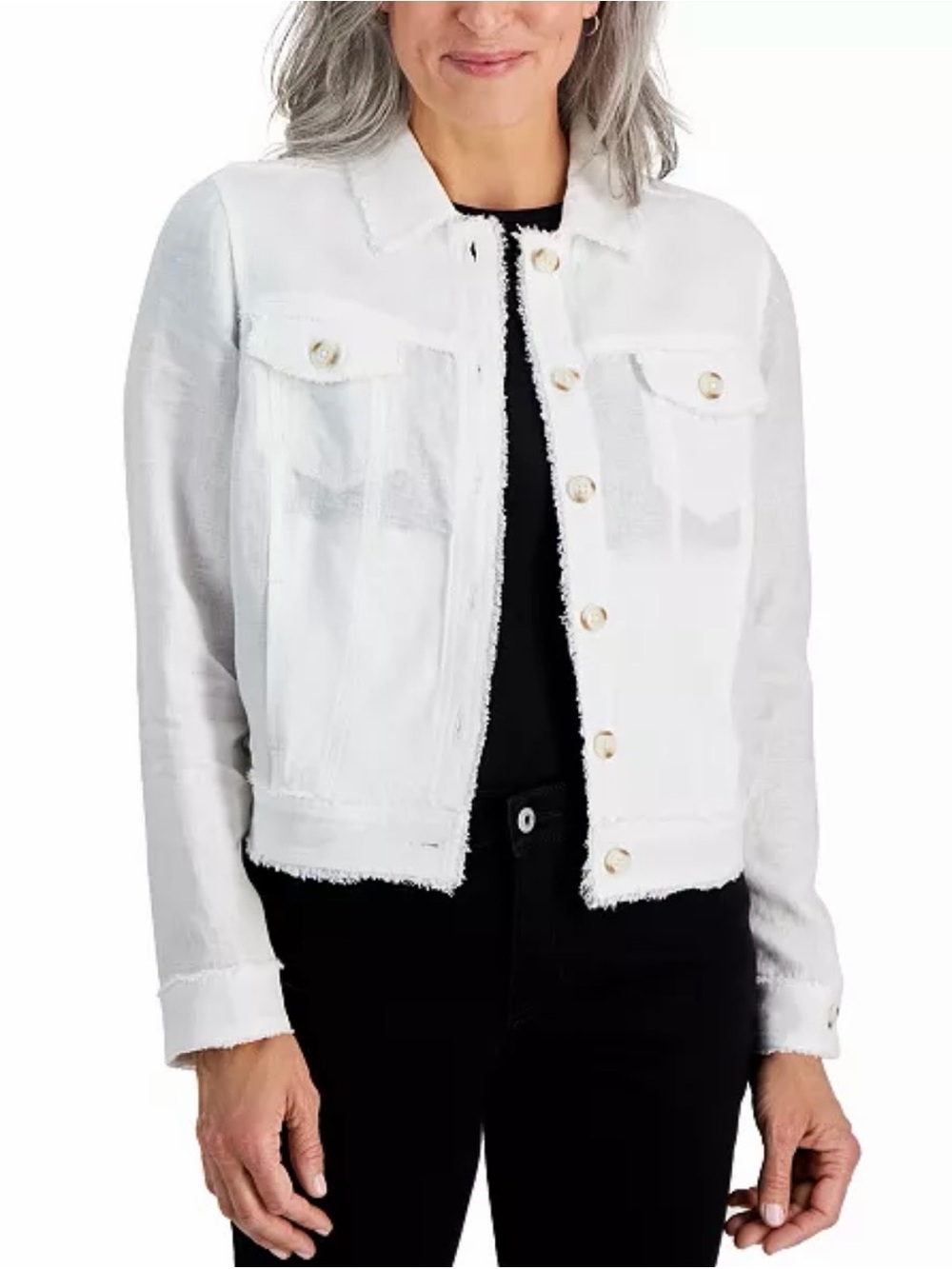 NWT $100 100% linen Charter Club White Frayed-Trim Jacket
